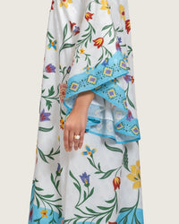 Floral Printed Kaftan Dress – White & Turquoise - Noētic