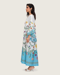 Floral Printed Kaftan Dress – White & Turquoise - Noētic