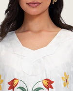Floral Printed Kaftan Dress – White & Turquoise - Noētic