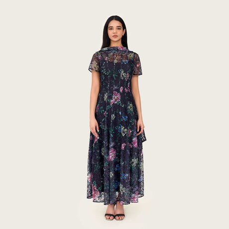 Floral Printed Lace Ankle Length Dress with Matching Scarf - Noētic