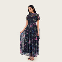 Floral Printed Lace Ankle Length Dress with Matching Scarf - Noētic