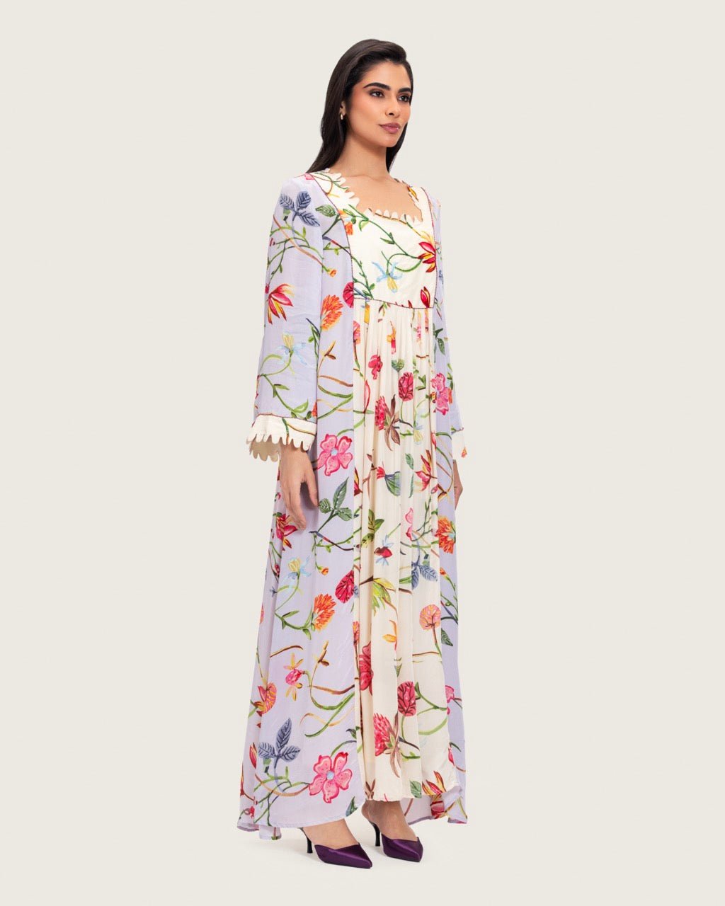 Floral Printed Maxi Dress with Beaded Embroidery - Noētic