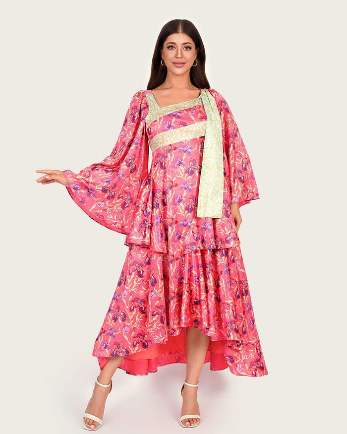 Floral Satin Crepe Midi Dress with Cape Scarf & Tiered Ruffle Hem