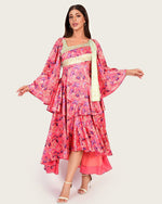 Floral Satin Crepe Midi Dress with Cape Scarf & Tiered Ruffle Hem - Noētic