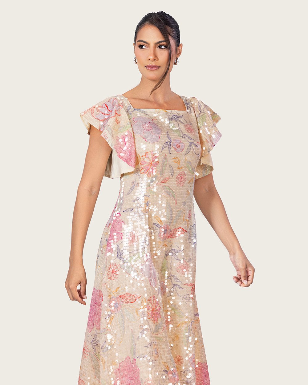 Floral Sequin Maxi Dress with Flutter Sleeves - Noētic