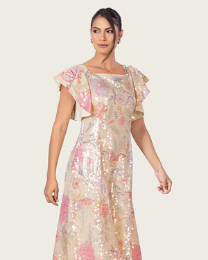 Floral Sequin Maxi Dress with Flutter Sleeves - Noētic