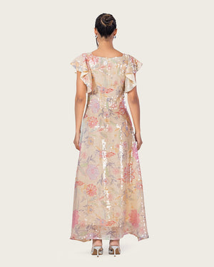 Floral Sequin Maxi Dress with Flutter Sleeves - Noētic