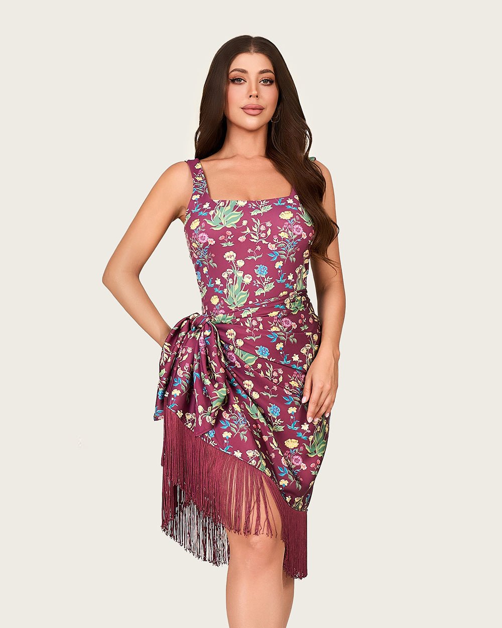 Floral Swim Set - One-Piece Swimsuit with Fringed Wrap Skirt Cover-Up - Noētic
