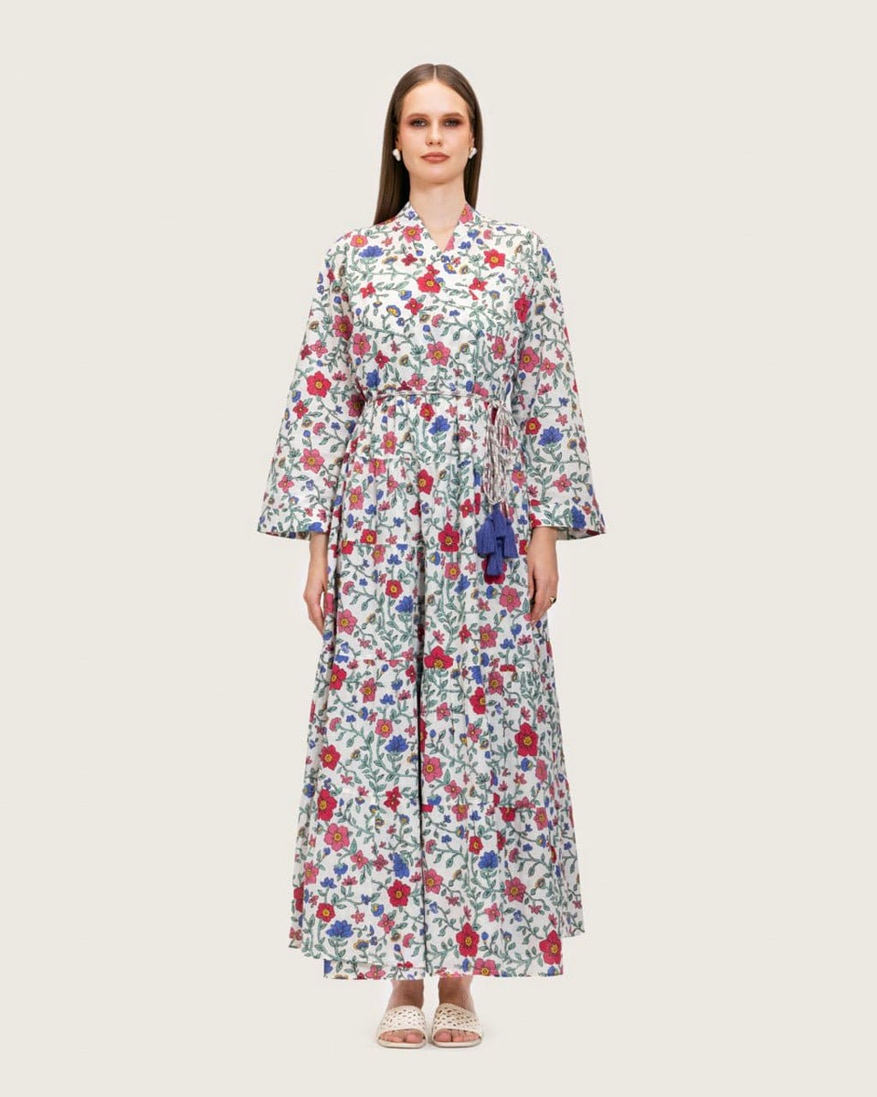 Floral Tiered Maxi Wrap Dress with Waist Tie Tassels - Noētic
