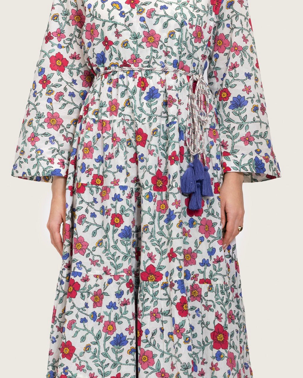 Floral Tiered Maxi Wrap Dress with Waist Tie Tassels - Noētic