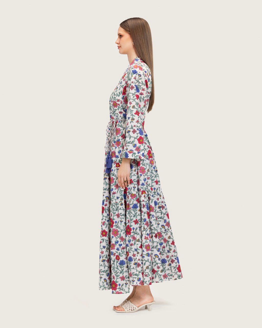 Floral Tiered Maxi Wrap Dress with Waist Tie Tassels - Noētic