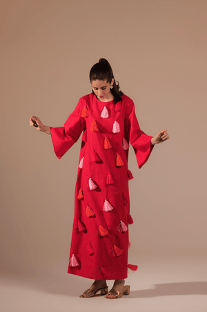 Fuchsia Vibrant Linen with Diagonal Tassels in Pink and Orange Kaftan - Noētic