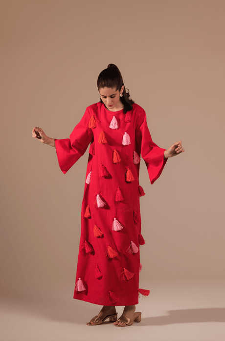 Fuchsia Vibrant Linen with Diagonal Tassels in Pink and Orange Kaftan - Noētic