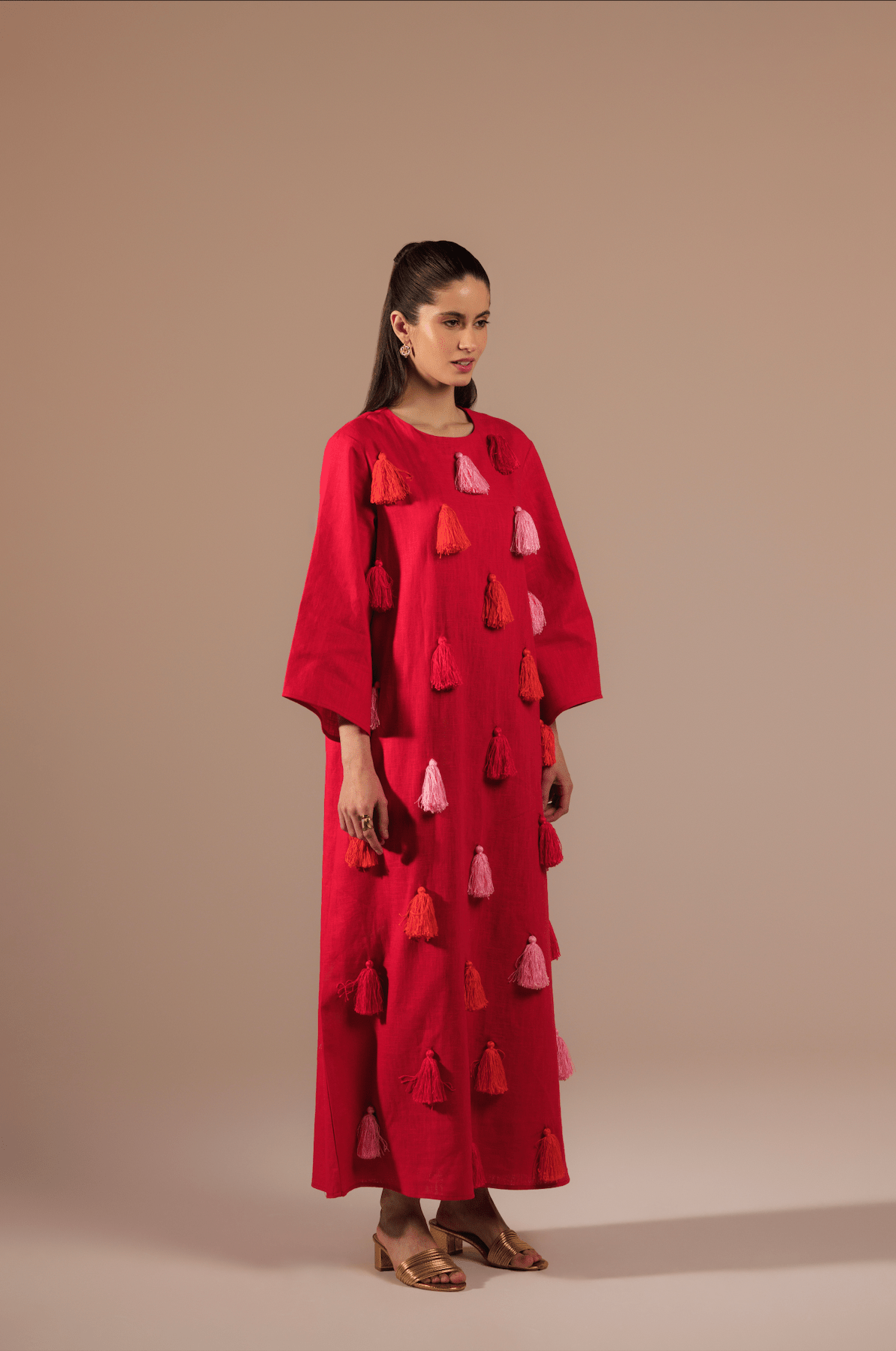 Fuchsia Vibrant Linen with Diagonal Tassels in Pink and Orange Kaftan - Noētic