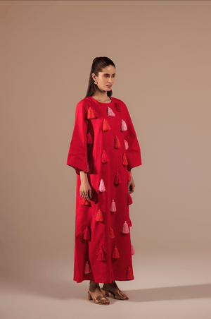 Fuchsia Vibrant Linen with Diagonal Tassels in Pink and Orange Kaftan - Noētic