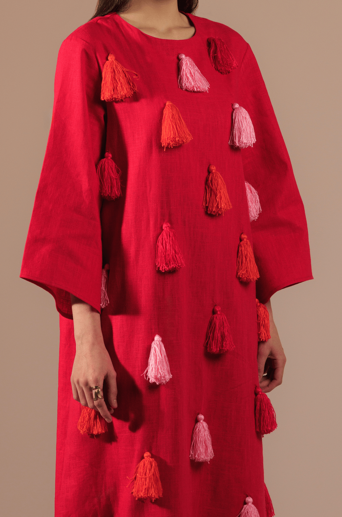 Fuchsia Vibrant Linen with Diagonal Tassels in Pink and Orange Kaftan - Noētic