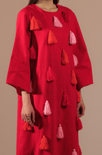 Fuchsia Vibrant Linen with Diagonal Tassels in Pink and Orange Kaftan - Noētic