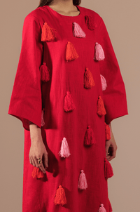 Fuchsia Vibrant Linen with Diagonal Tassels in Pink and Orange Kaftan - Noētic