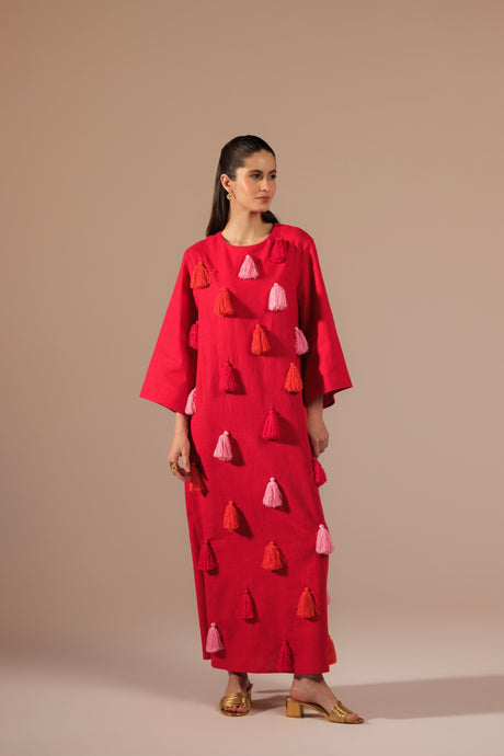 Fuchsia Vibrant Linen with Diagonal Tassels in Pink and Orange Kaftan - Noētic