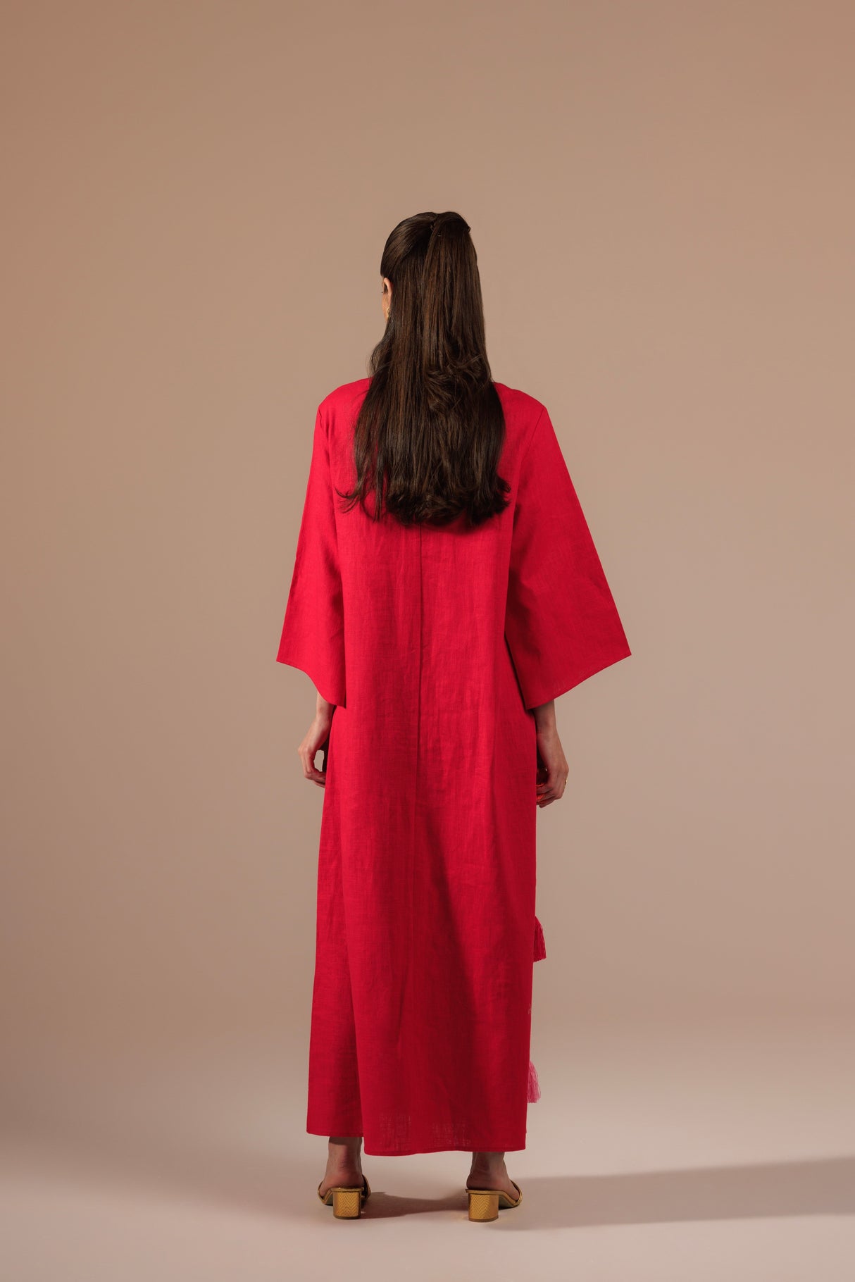 Fuchsia Vibrant Linen with Diagonal Tassels in Pink and Orange Kaftan - Noētic