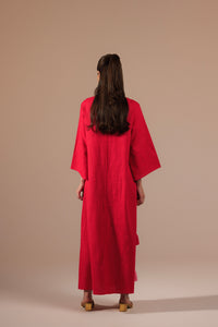 Fuchsia Vibrant Linen with Diagonal Tassels in Pink and Orange Kaftan - Noētic