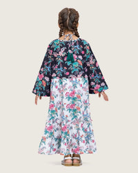 Girls Floral Cotton Dress with Tie Neck and Tassels - Noētic