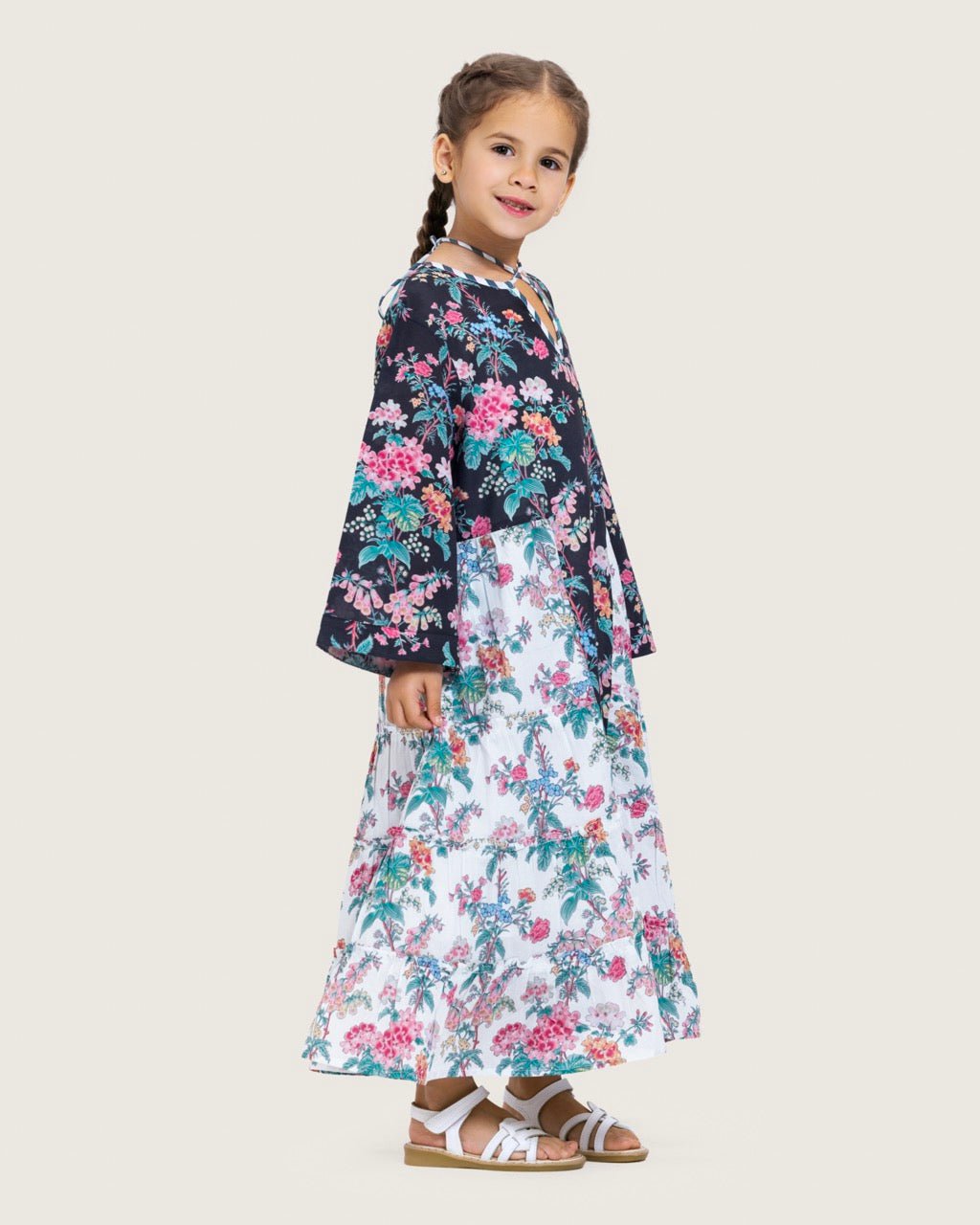 Girls Floral Cotton Dress with Tie Neck and Tassels - Noētic