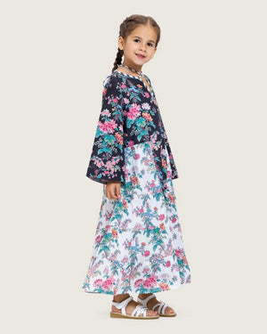 Girls Floral Cotton Dress with Tie Neck and Tassels - Noētic