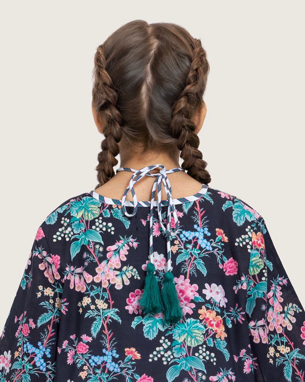 Girls Floral Cotton Dress with Tie Neck and Tassels - Noētic