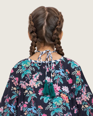 Girls Floral Cotton Dress with Tie Neck and Tassels - Noētic