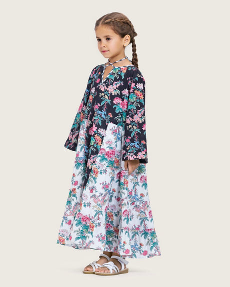 Girls Floral Cotton Dress with Tie Neck and Tassels - Noētic