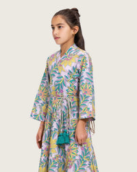 Girls Floral Cotton Wrap Dress with Soft Tiers - Teal - Noētic