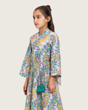 Girls Floral Cotton Wrap Dress with Soft Tiers - Teal - Noētic