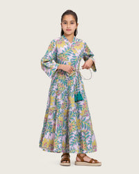 Girls Floral Cotton Wrap Dress with Soft Tiers - Teal - Noētic