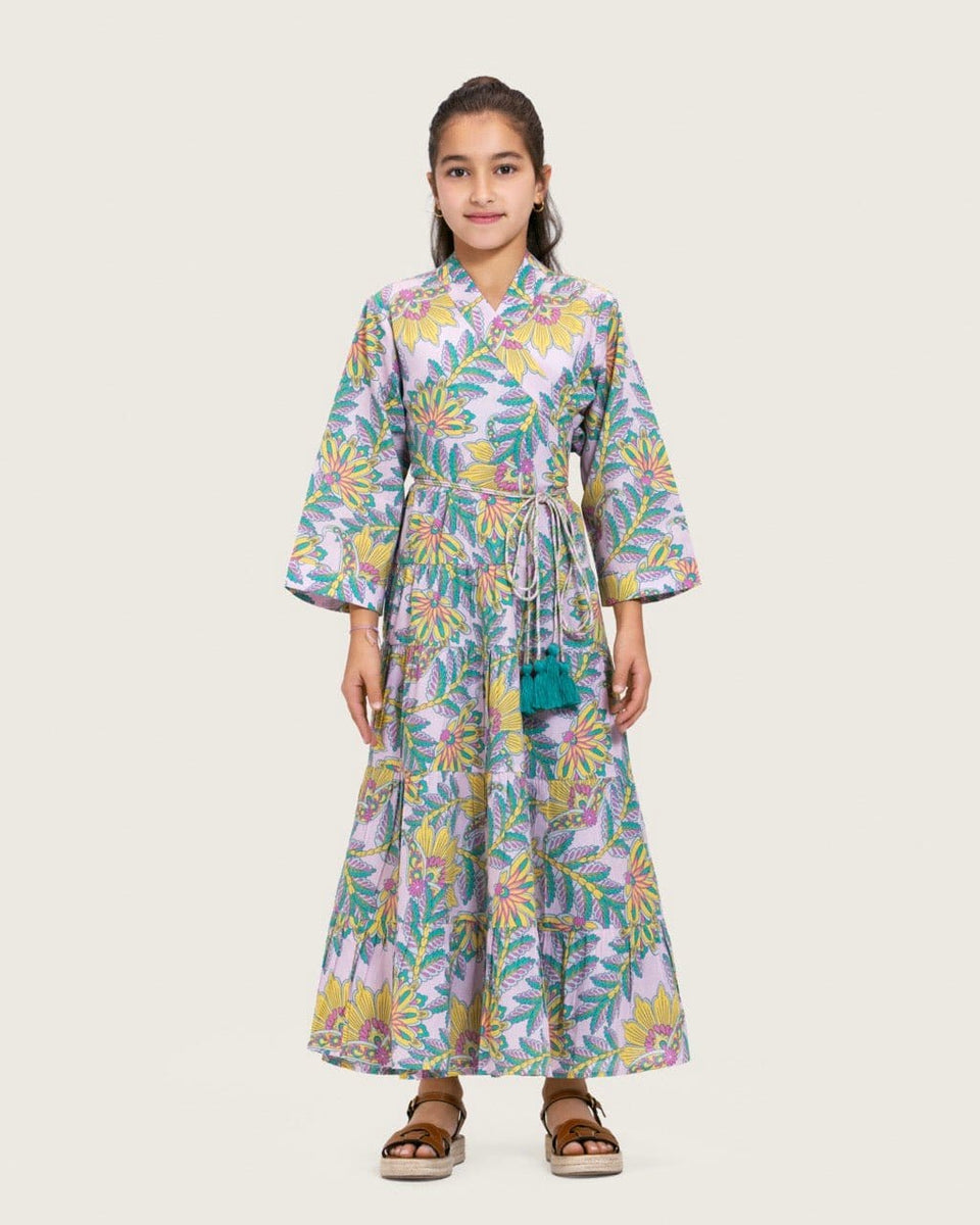 Girls Floral Cotton Wrap Dress with Soft Tiers - Teal - Noētic