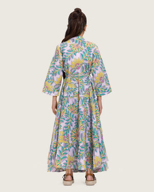 Girls Floral Cotton Wrap Dress with Soft Tiers - Teal - Noētic