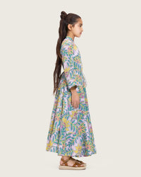 Girls Floral Cotton Wrap Dress with Soft Tiers - Teal - Noētic