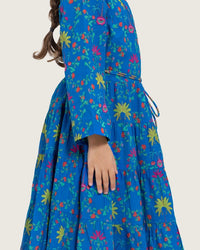 Girls Floral Tiered Wrap Dress in Cotton Fabric - Blue - Noētic