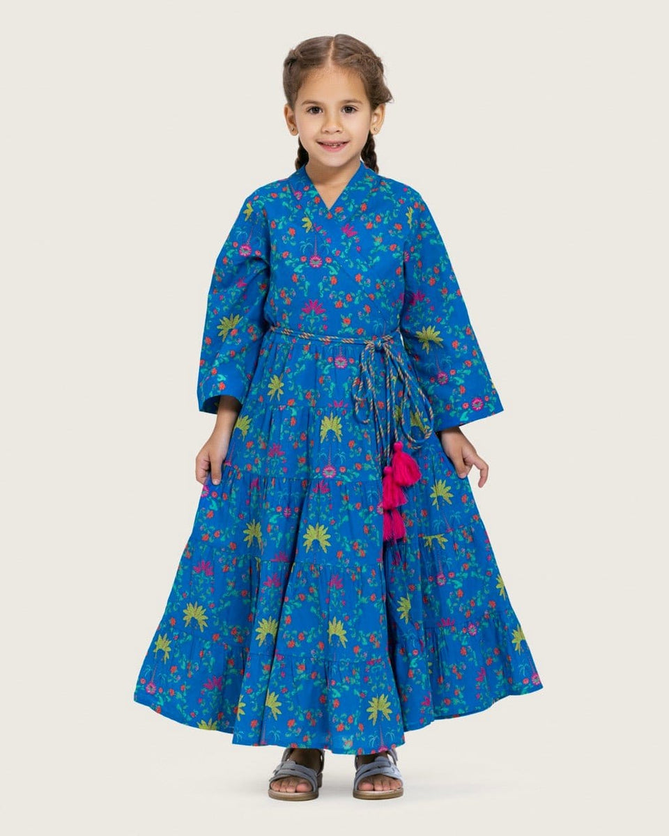 Girls Floral Tiered Wrap Dress in Cotton Fabric - Blue - Noētic