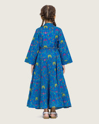 Girls Floral Tiered Wrap Dress in Cotton Fabric - Blue - Noētic