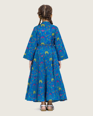 Girls Floral Tiered Wrap Dress in Cotton Fabric - Blue - Noētic