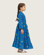 Girls Floral Tiered Wrap Dress in Cotton Fabric - Blue - Noētic