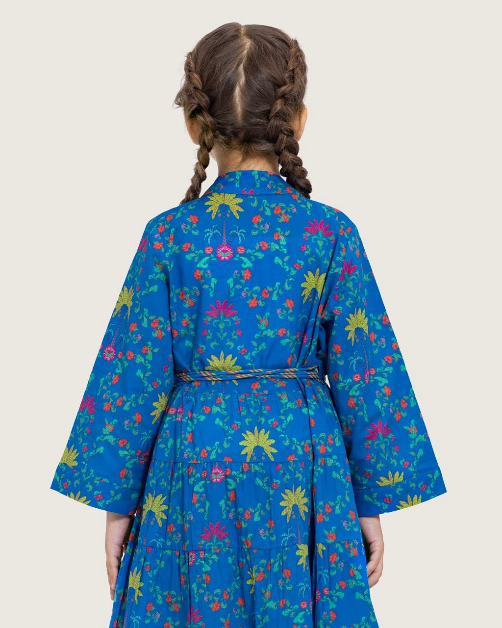 Girls Floral Tiered Wrap Dress in Cotton Fabric - Blue - Noētic
