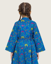 Girls Floral Tiered Wrap Dress in Cotton Fabric - Blue - Noētic