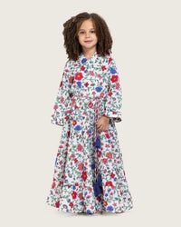 Girls Floral Tiered Wrap Dress in Cotton Fabric - White - Noētic