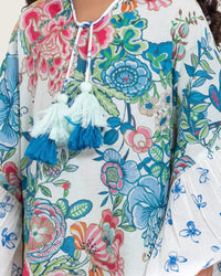 Girls Printed Kaftan with Flowy Silhouette and Sleeves - Blue - Noētic