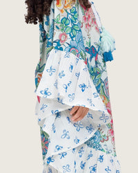 Girls Printed Kaftan with Flowy Silhouette and Sleeves - Blue - Noētic