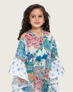Girls Printed Kaftan with Flowy Silhouette and Sleeves - Blue - Noētic