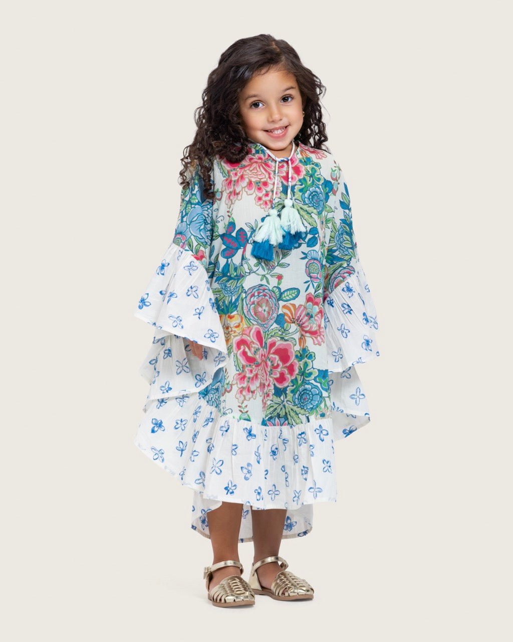 Girls Printed Kaftan with Flowy Silhouette and Sleeves - Blue - Noētic