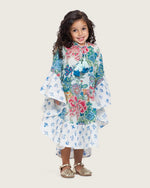 Girls Printed Kaftan with Flowy Silhouette and Sleeves - Blue - Noētic